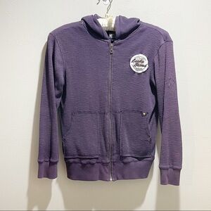 🍀LUCKY BRAND Women’s Purple Thermal Waffle Knit Kangaroo Pocket Hoodie Size M